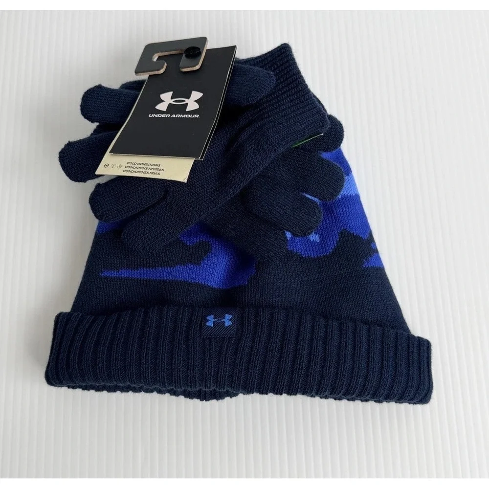 New Under Armour Boys Beanie Hat Gloves Set Navy Blue Camo OSFM